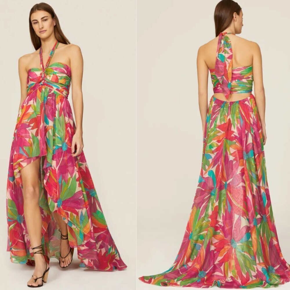 Ronny Kobo Floral Patterned Halter maxi Dress gown Pink Green 26129